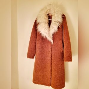 Show me your Mumu carmel brown long coat with ivory faux fur